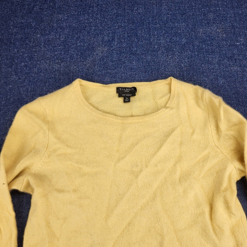 Talbots Petites Pure Cashmere Sweater Yellow Crew Neck Gold Button Cuffs SP